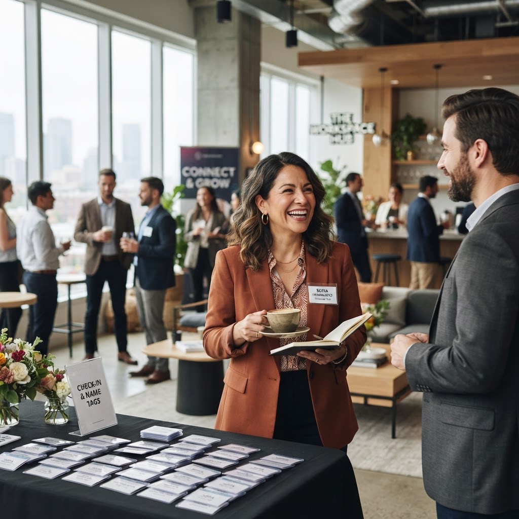 A Latina professional in her mid-40s networking at a bright co-working space morning event