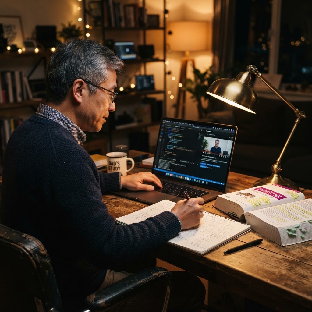 An Asian man in his early 50s teaching himself programming at his home desk by warm lamplight