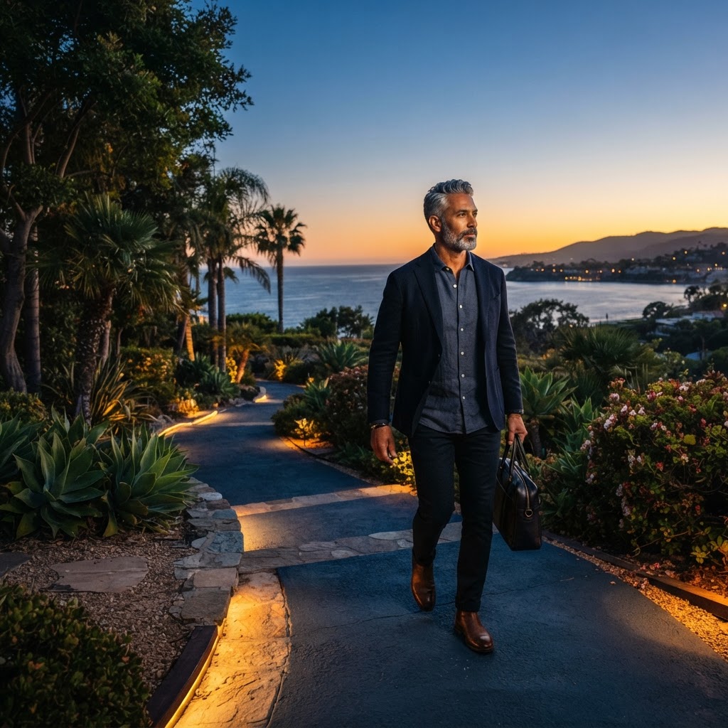 A mixed-race man in his 50s walking confidently along a coastal trail at dusk, looking ahead with purpose