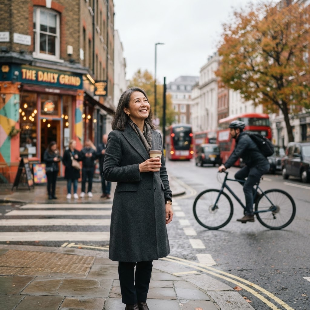 Asian woman in her 50s standing at a city crosswalk, looking around with a content smile, noticing the urban environment around her