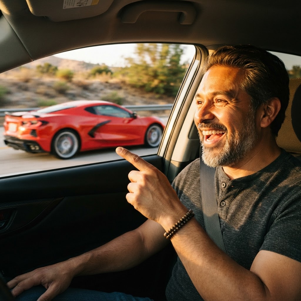 Latino man in his 40s on a road trip, face lighting up with joy as a sports car speeds past on an open highway