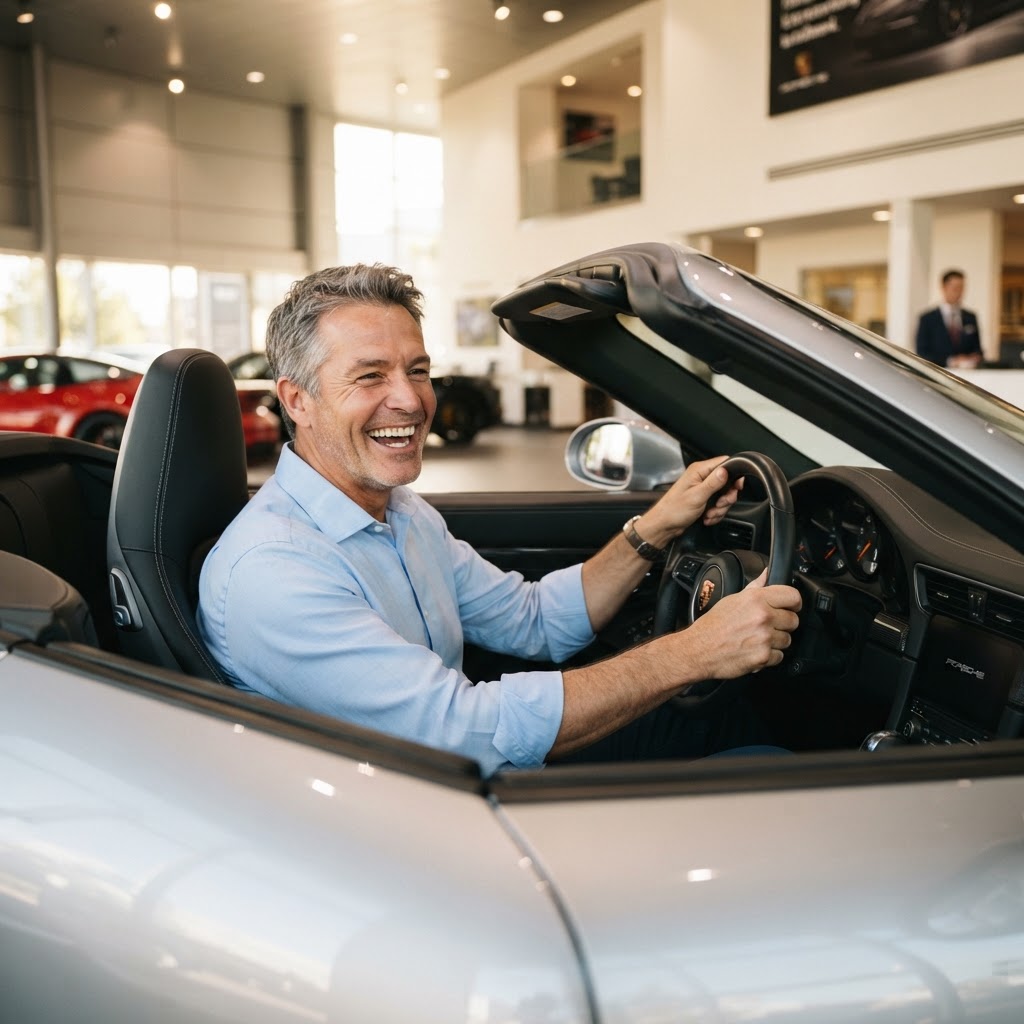 White man in his 50s sitting behind the wheel of a luxury sports car at a dealership, grinning with childlike excitement
