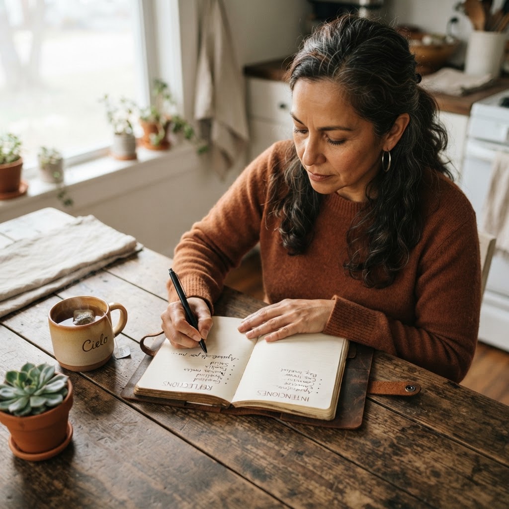 A woman in her early 50s journaling at a kitchen table, thoughtfully tracking her energy and reflecting on what truly matters