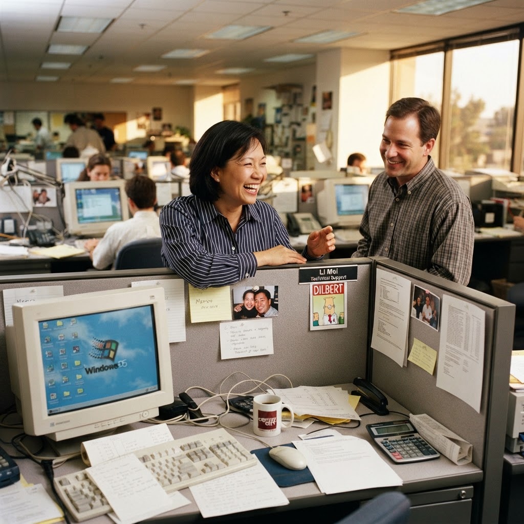 Two colleagues sharing a genuine moment of laughter and connection over a cubicle wall in a busy office
