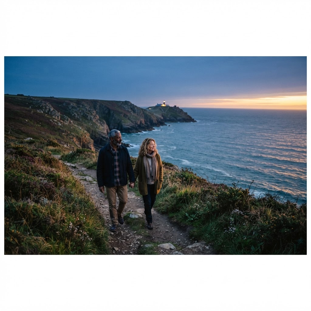 A man in his 50s walking along a coastal path at dusk with family, feeling present and alive after a second chance at life