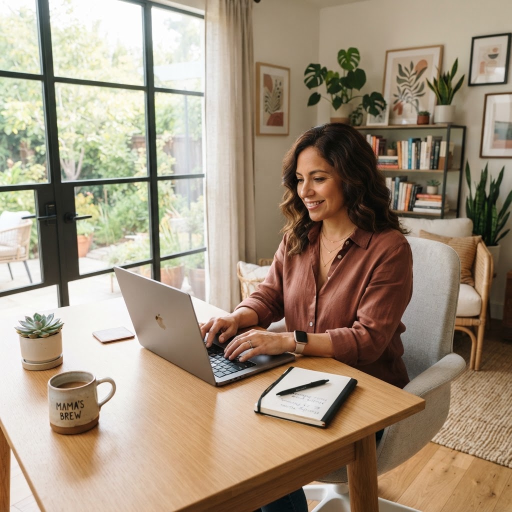 A Latina professional in her 40s in a bright home office using a laptop to streamline her workday with AI tools