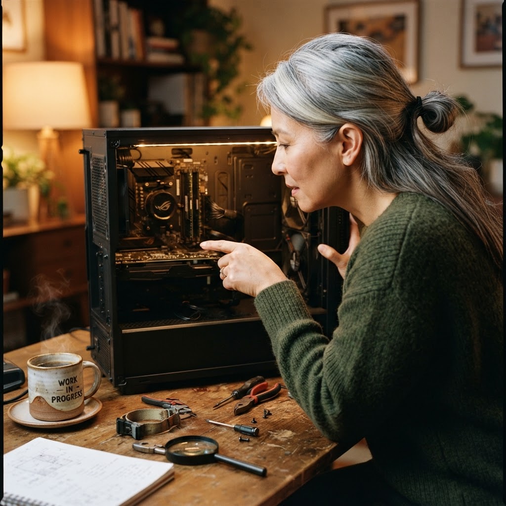 An Asian woman in her 50s examining the inside of an open desktop computer case under warm lamp light