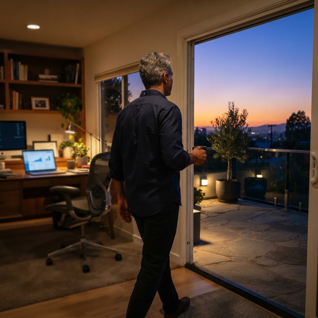 A mixed-race man in his 50s walking away from his desk toward a sunlit patio with a coffee cup, energized and free
