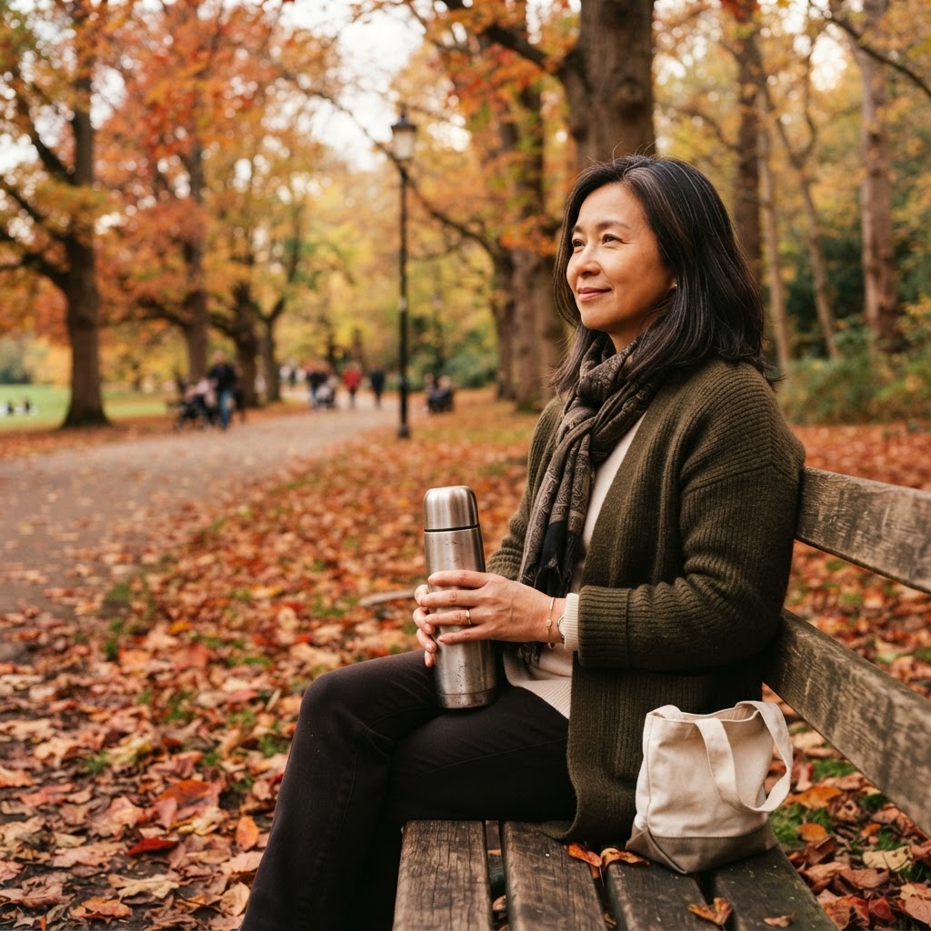 An Asian woman in her early 50s sitting on an autumn park bench, wrapping her hands around a thermos in contemplative rest