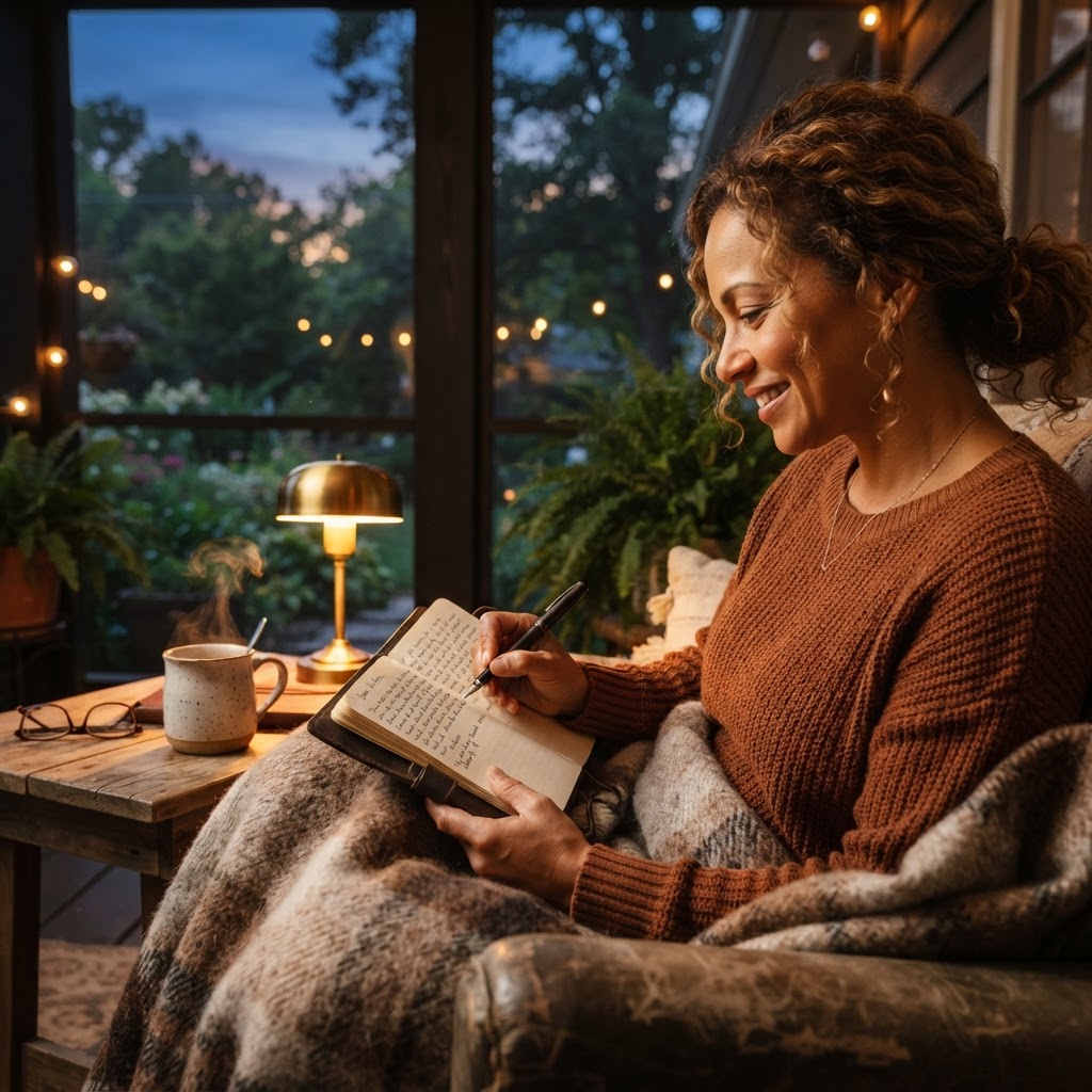 A mixed-race woman in her 40s writing in a leather journal on a screened-in porch at twilight, warm lamplight illuminating the scene