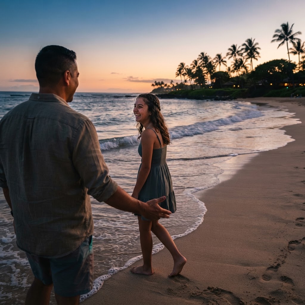 A Latino man in his 40s walking barefoot on a Hawaiian beach at dusk with his teenage daughter, both laughing in conversation