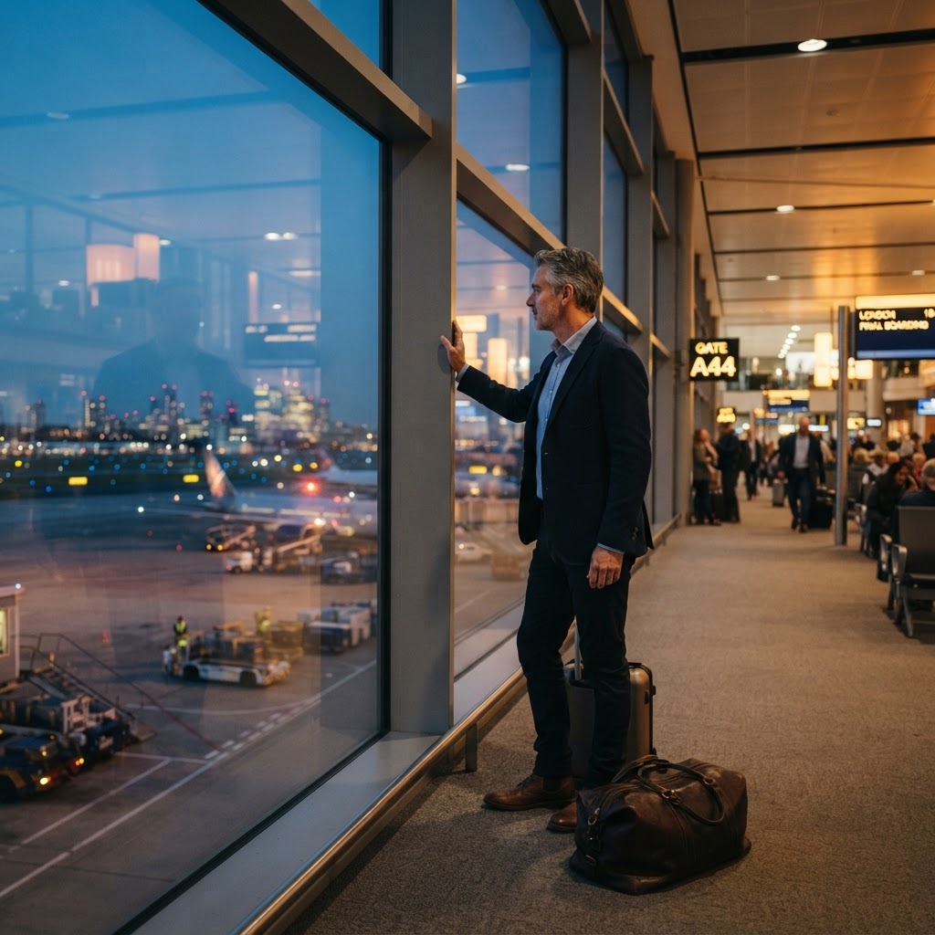 A White man in his 50s standing at an airport departure gate looking out the window at a runway at dusk, travel bag at his feet