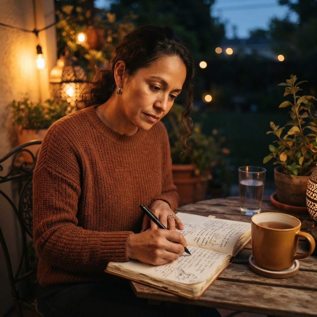 A Latina woman in her 40s sitting on a backyard patio in the evening, writing in a journal by lamplight
