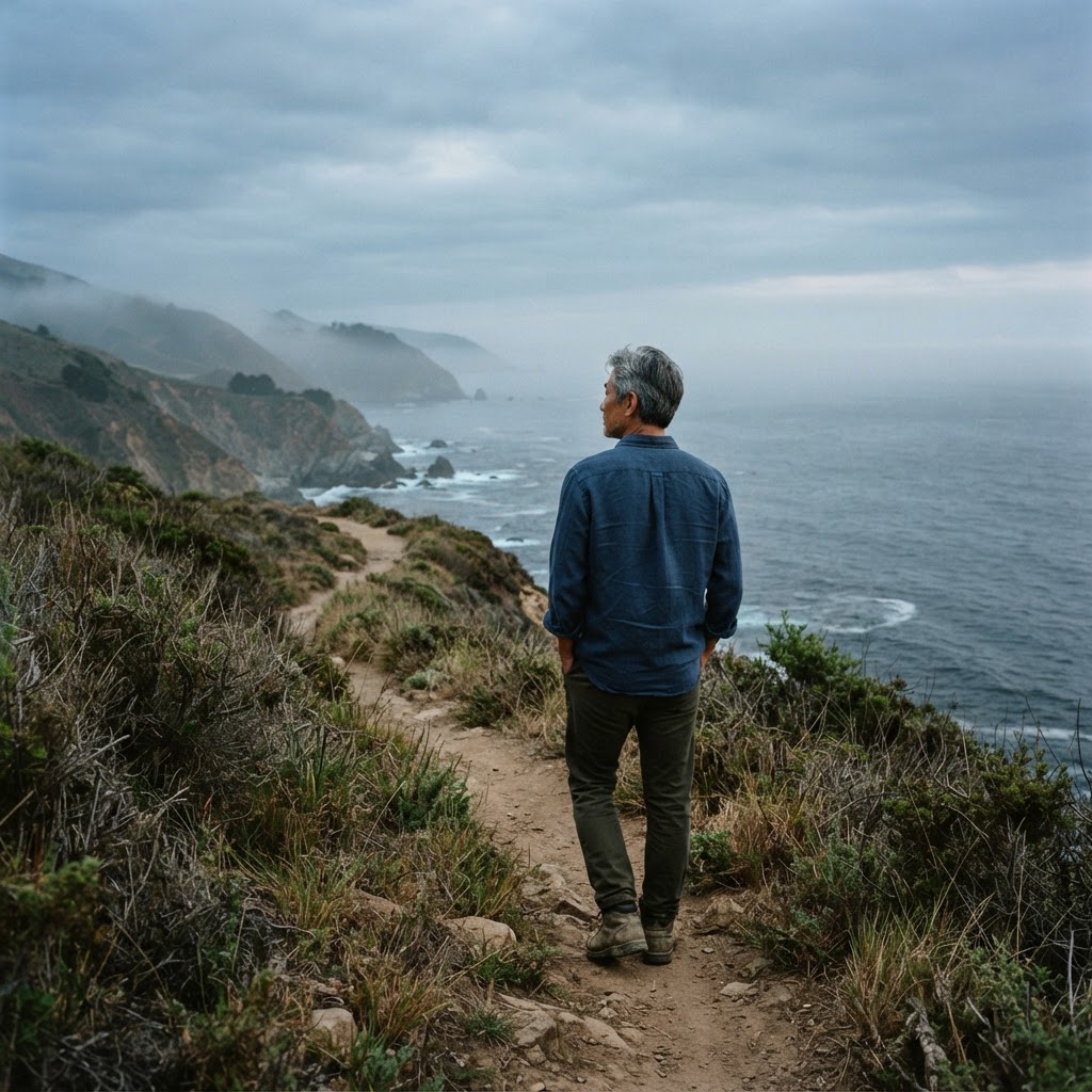 An Asian man in his 50s walking alone on a quiet coastal trail at dawn, phone nowhere in sight