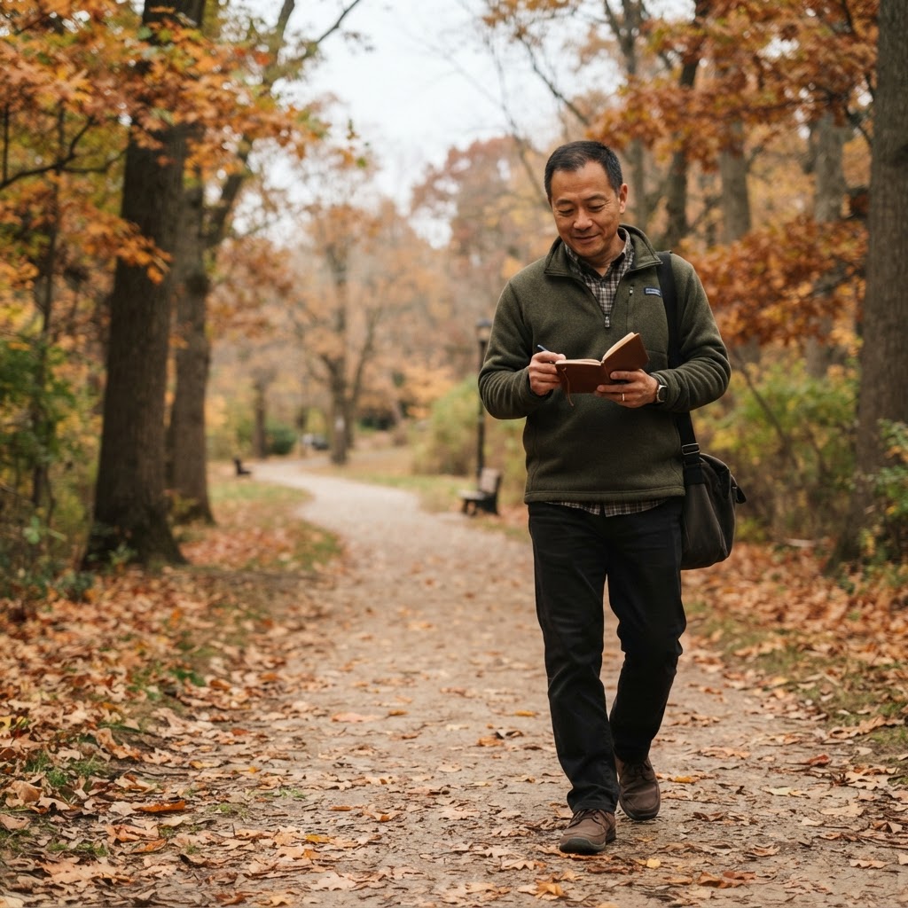 An Asian man in his 50s taking a quiet morning walk on a tree-lined park trail with a small notebook, embodying a daily margin block
