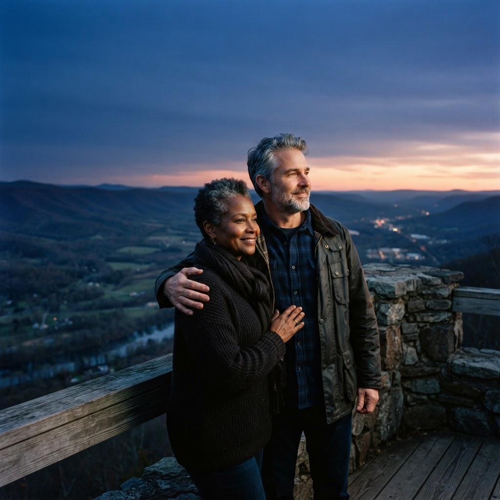 A mixed-race couple in their 50s standing together at a local scenic overlook at dusk, looking toward the horizon with quiet optimism