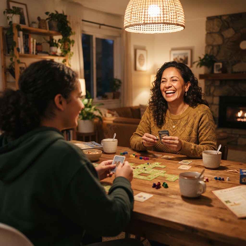 A Latina woman in her late 40s fully present at evening family time, playing a board game with her teenage daughter at their dining table