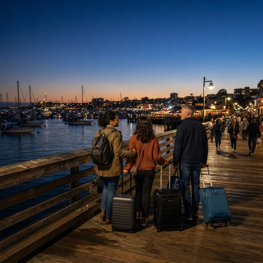 A mixed-race family with a parent in their 50s walking along a coastal harbor at dusk, looking out at a new destination