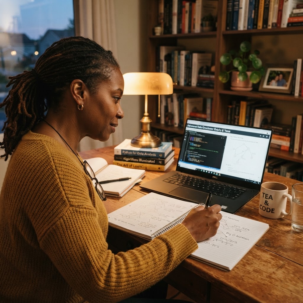 A Black woman in her 40s learning something new at a desk with a laptop and books, warm lamp light