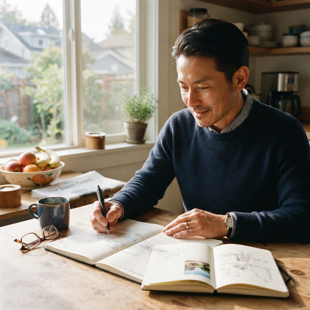 An Asian man in his 40s reviewing his calendar and journal at a kitchen table with morning light