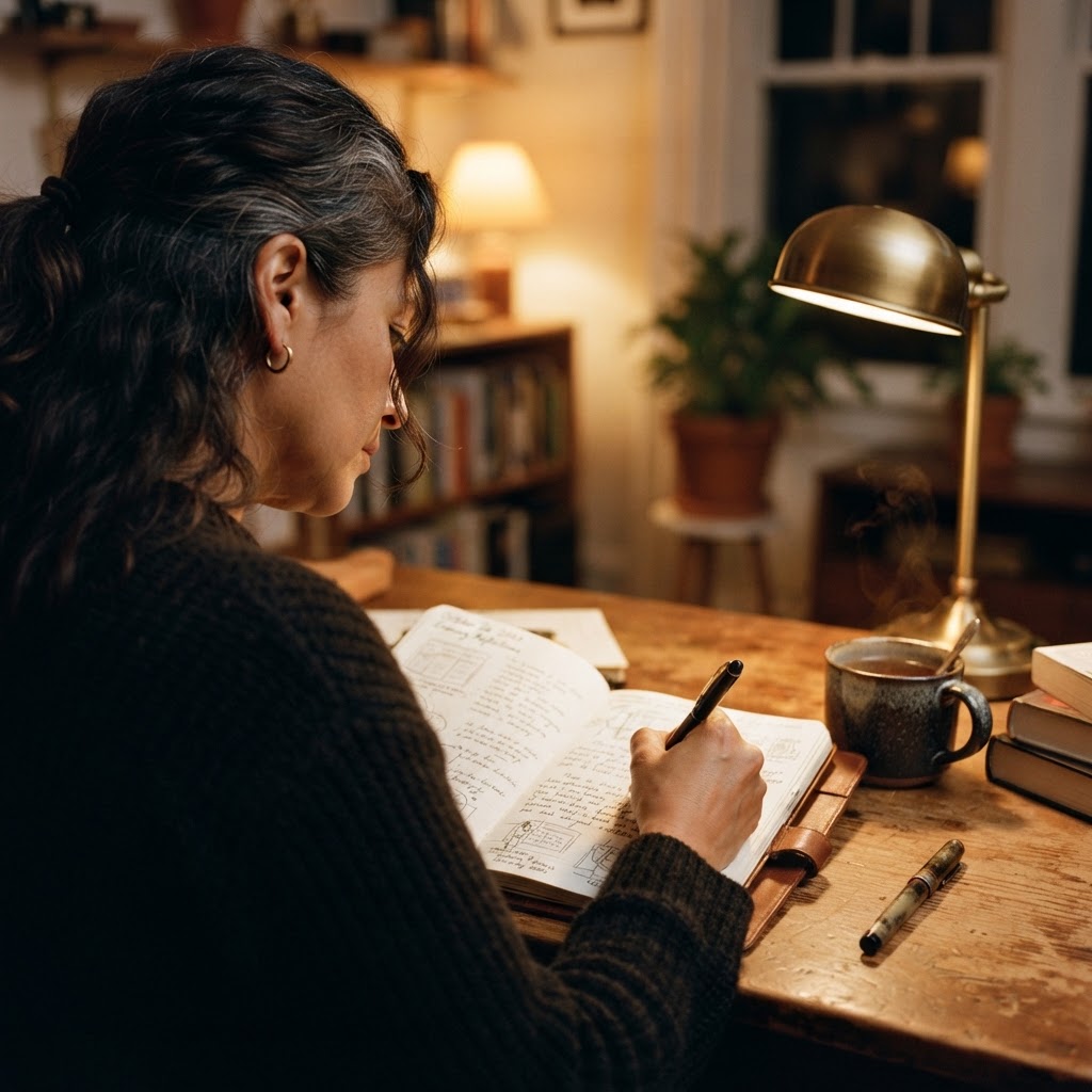Latina woman in her mid-40s writing in a journal at a cozy desk lit by a warm lamp, auditing her energy and setting boundaries