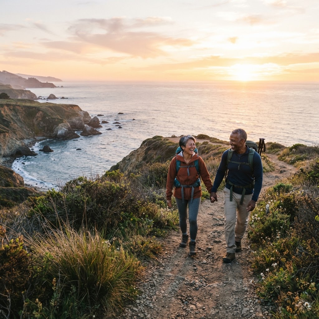 Mixed-race couple in their 50s walking together on a coastal hiking trail at dawn, embracing new adventures and making memories