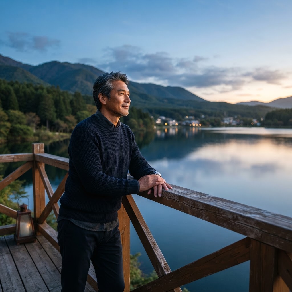 Asian man in his early 50s standing peacefully at a lakeside railing at dusk, reflecting on alignment and intentional living