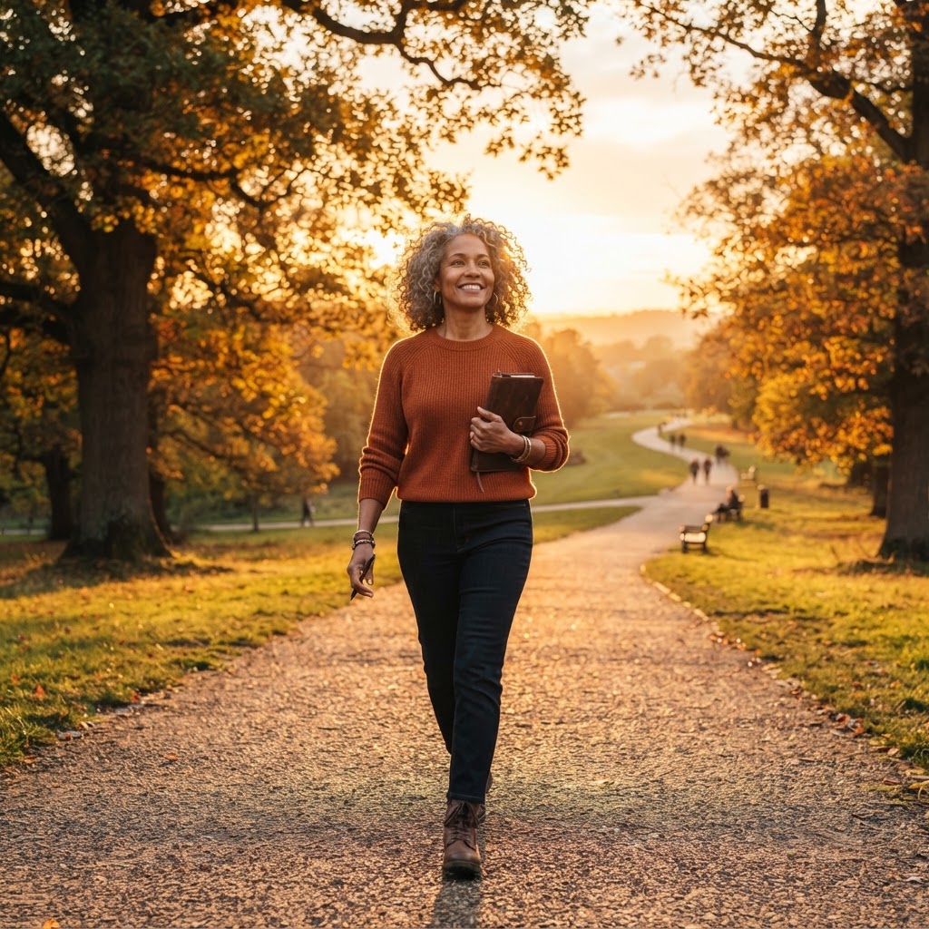 A mixed-race woman in her 50s walking confidently down a tree-lined path at golden hour, holding a journal