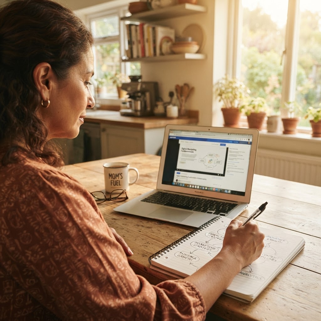 A woman in her early 50s at a sunlit kitchen table, drawing connections between concepts in a notebook beside her laptop