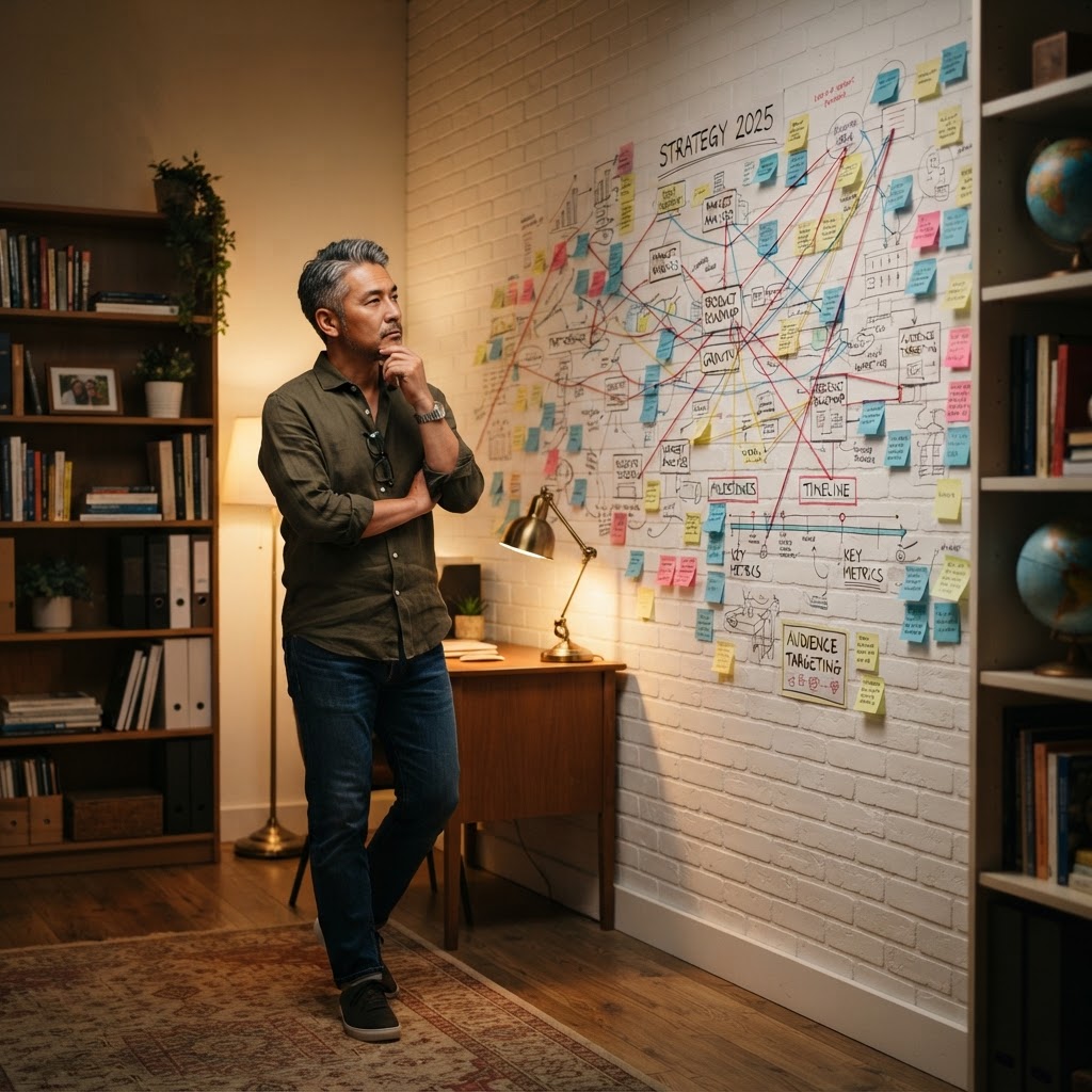 An Asian man in his mid-40s standing before a wall of sticky notes and diagrams, studying patterns and connections
