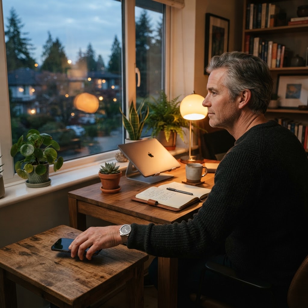 A White man in his 50s at a minimal home office desk, setting his phone aside with a thoughtful expression, warm lamp light
