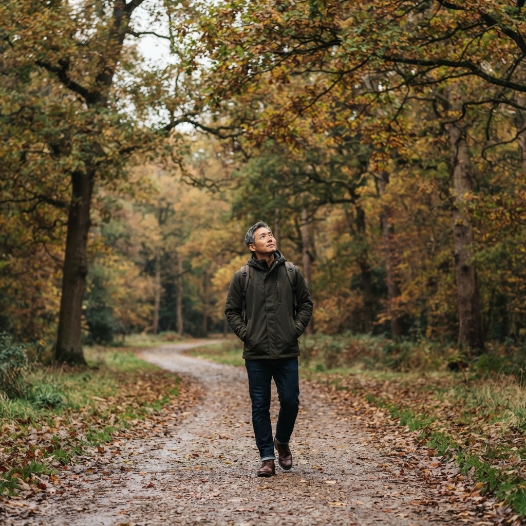 An Asian man in his 40s walking on a tree-lined park path, overcast soft light, no phone in sight
