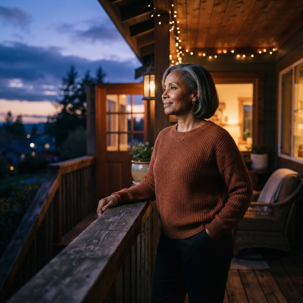 A Black woman in her 50s standing on a home porch at dusk, looking out with a calm confident expression
