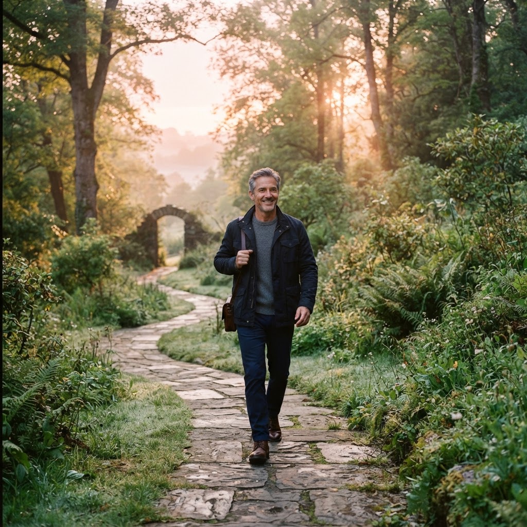 A man in his early 50s walking purposefully along a stone garden path at dawn, moving forward with quiet determination
