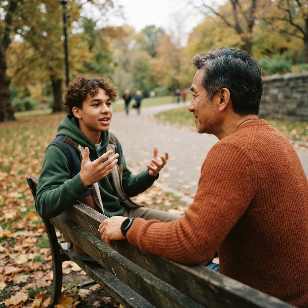 An Asian man in his 50s listening with deep empathy to someone beside him on a park bench in autumn