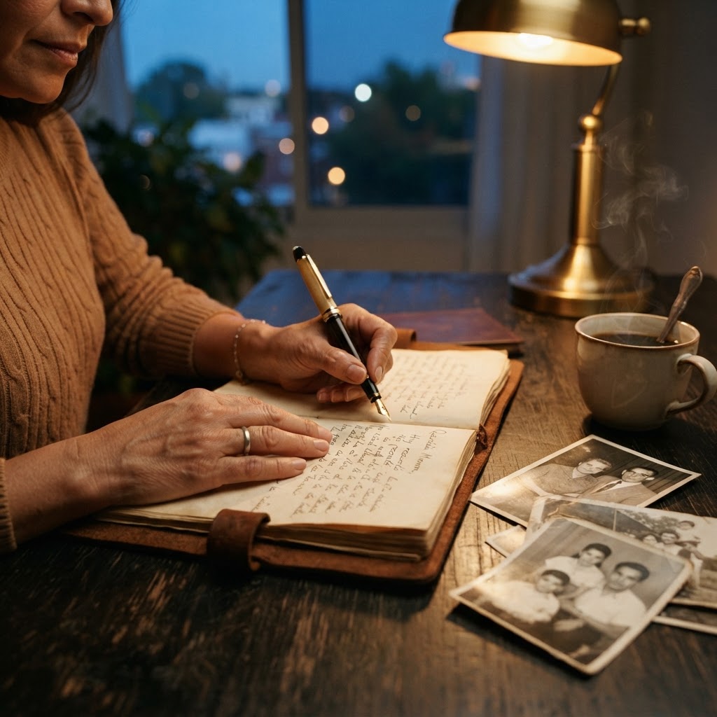 A Latina woman in her 40s writing reflectively in a leather journal at a desk lit by a warm lamp at dusk