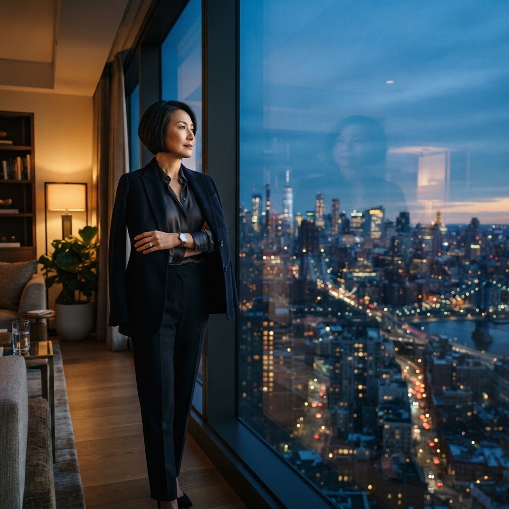 An Asian woman in her 50s gazing out at a city skyline at dusk with resolve