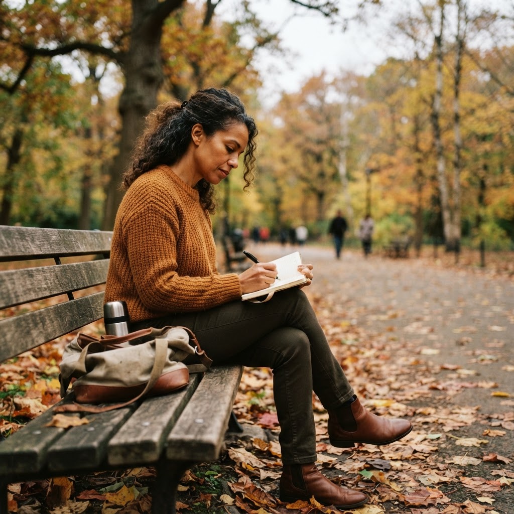 A mixed-race woman in her late 40s writing goals in a notebook on an autumn park bench
