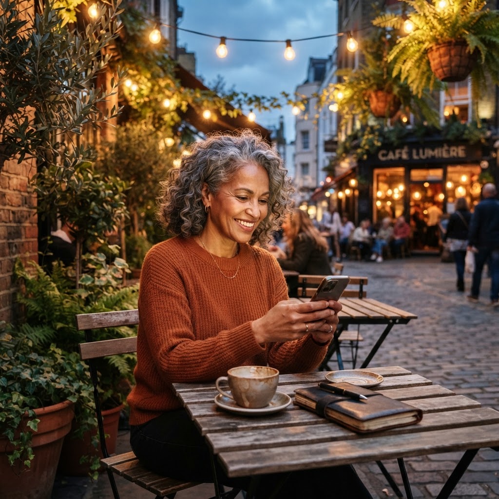 A mixed-race woman in her 50s at an outdoor café at dusk, phone in hand sending a thoughtful message of recognition to a colleague