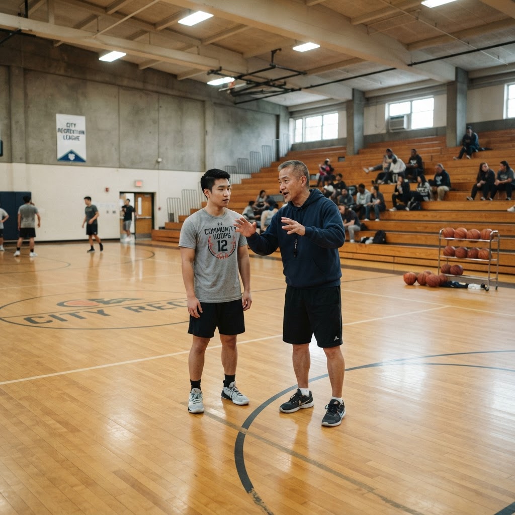 An Asian man in his 50s coaching on a community basketball court, gesturing toward a younger teammate in a mentoring moment