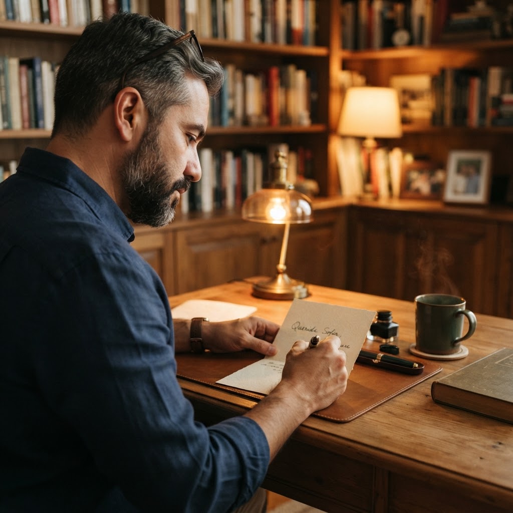 A Latino man in his mid-40s at a warm-lit desk, thoughtfully writing a handwritten note of recognition for a colleague