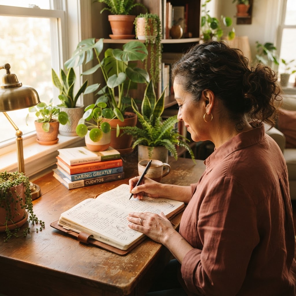 A Latina woman in her 50s writing thoughtfully in a journal at a sunlit desk surrounded by houseplants and books