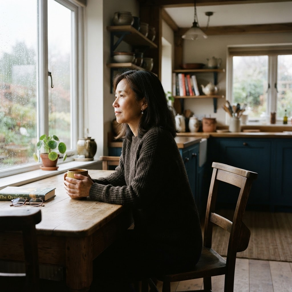 An Asian woman in her late 40s sitting alone at a kitchen table with a cup of tea, looking out a rain-streaked window in quiet contemplation