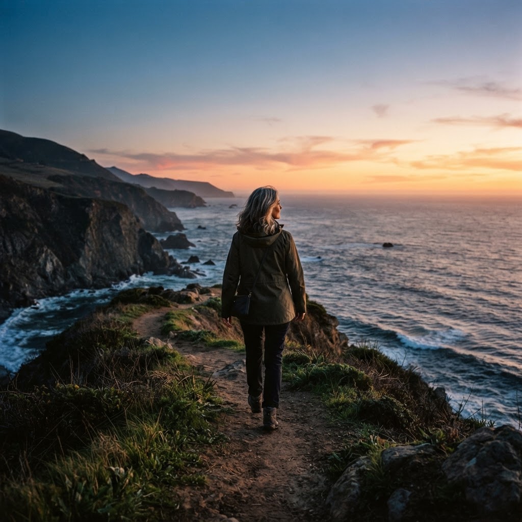 A White woman in her 50s walking confidently along a coastal trail at dusk, looking forward toward the horizon with purpose