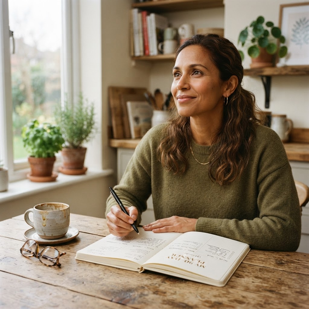 A mixed-race woman in her 40s at a kitchen table with an open 90-day planner, pen in hand, looking up with quiet determination