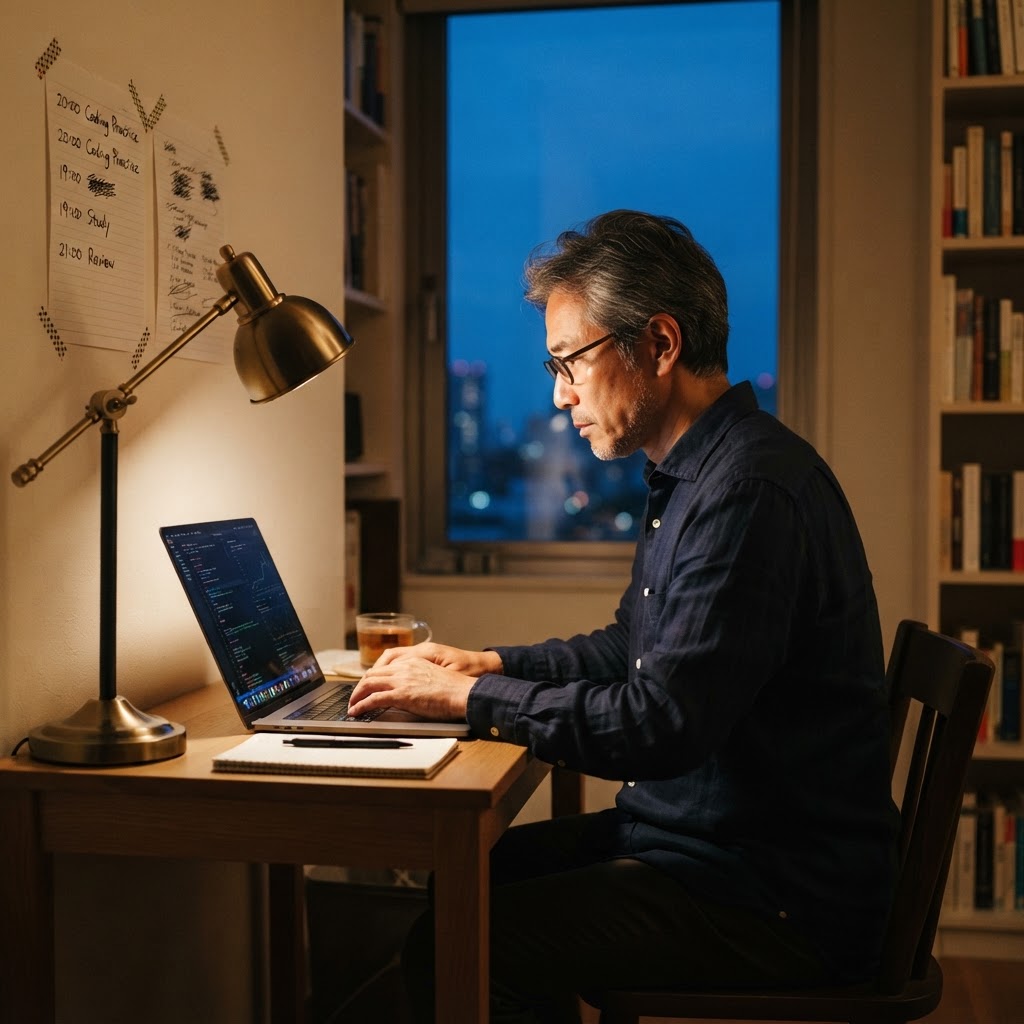 An Asian man in his early 50s deeply focused on a laptop in a quiet study nook at dusk, no phone in sight, total immersion