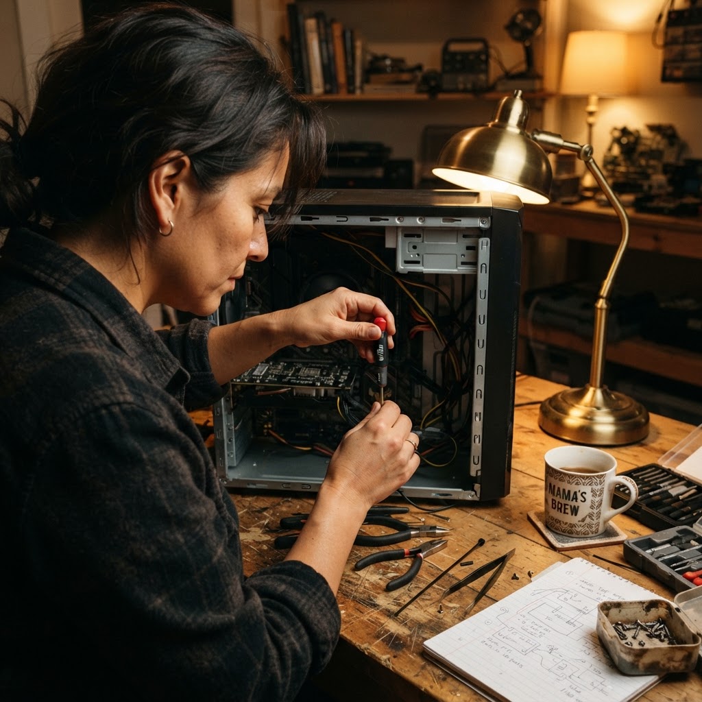 Close-up of a Latina woman's hands carefully working inside an opened computer on a cluttered wooden workbench, small tools scattered around