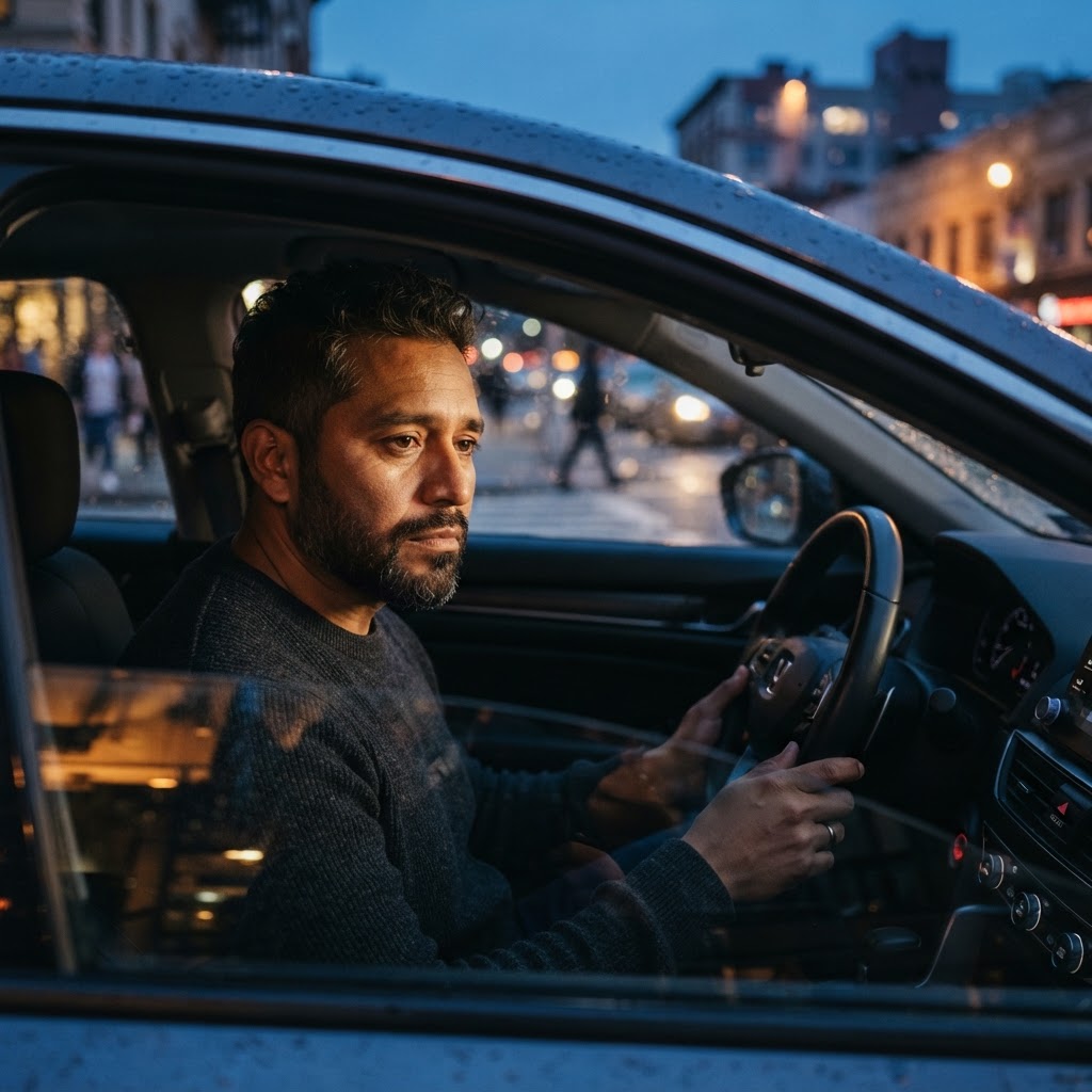 A Latino man in his 40s sitting in his car at dusk, hands resting on the steering wheel, looking tired but contemplative
