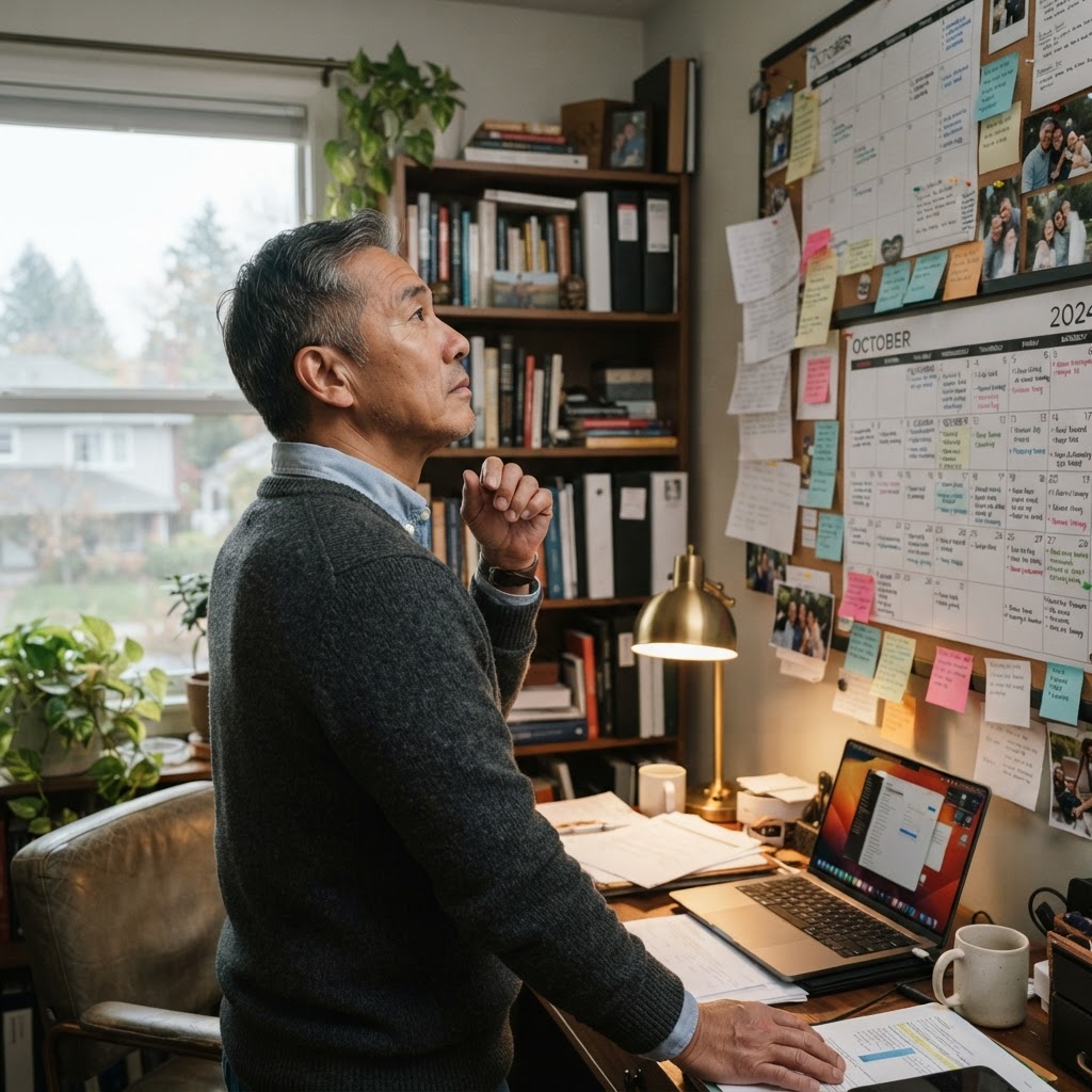 An Asian man in his early 50s standing by a window in a home office, gazing at a wall calendar