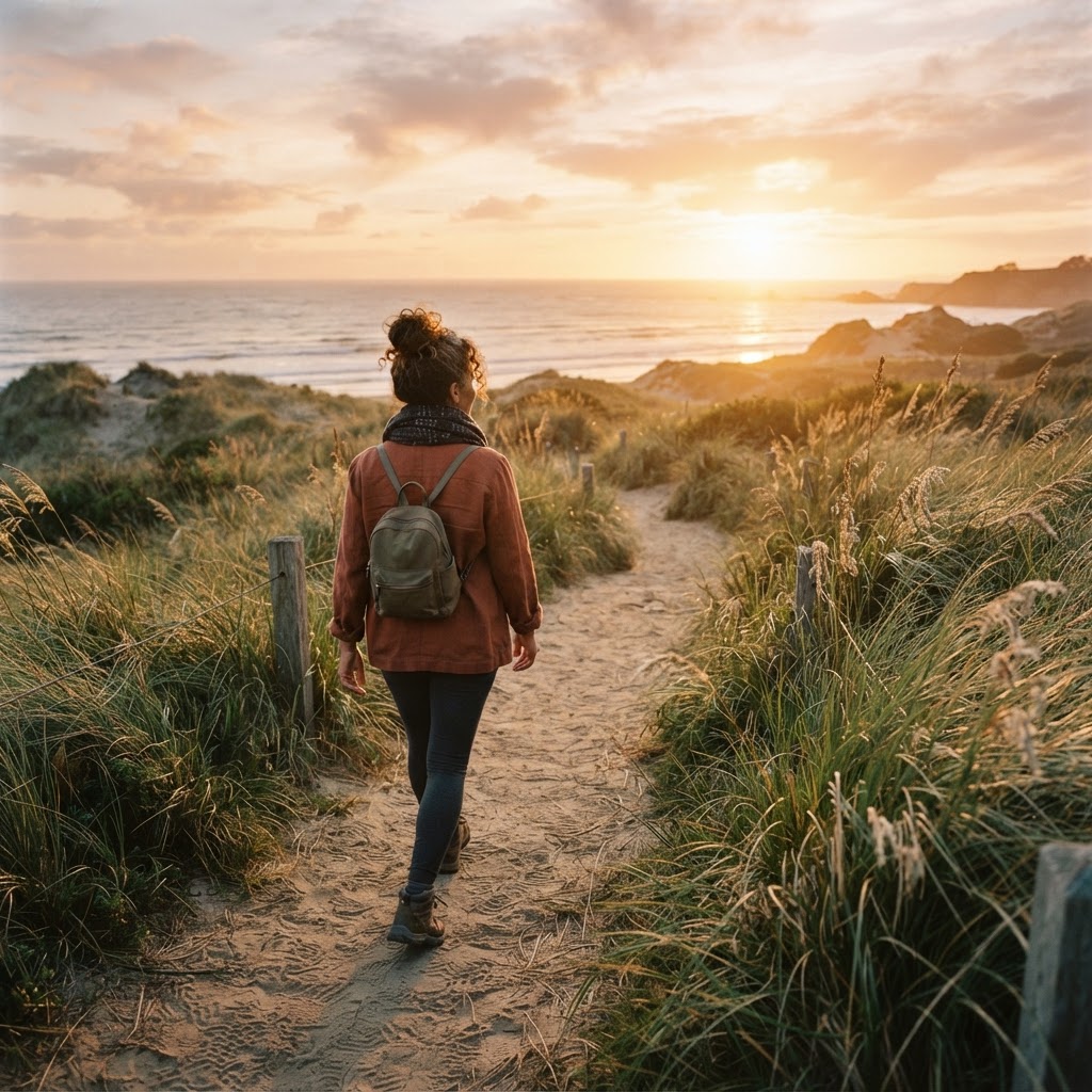 A mixed-race woman in her late 40s walking on a coastal nature trail at golden hour, looking ahead with quiet determination